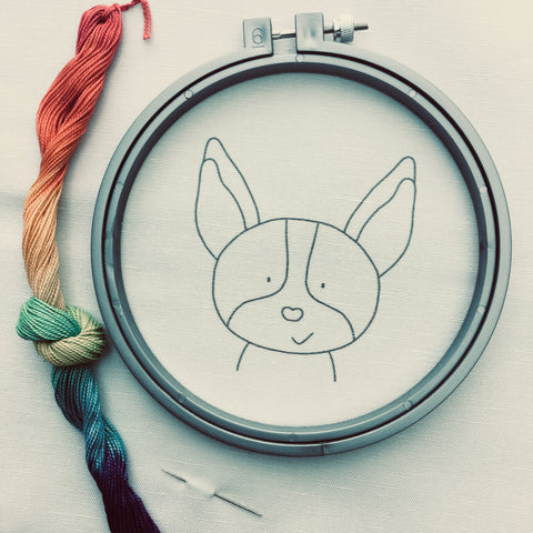 Doodle embroidery of Ruby an adorable Boston Terrier dog.
