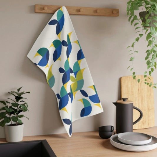 Birds Of A Feather, Art Tea Towel hanging on a wooden hook board