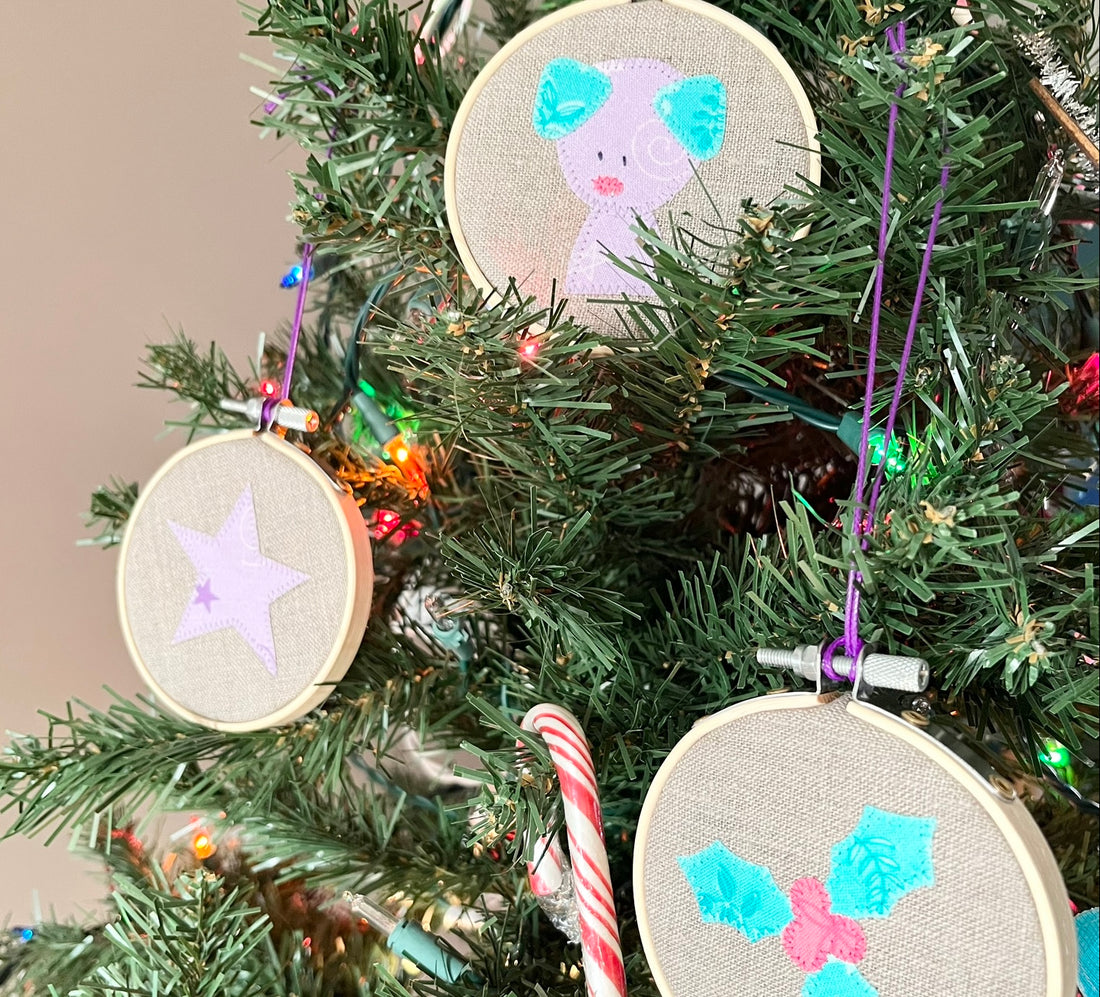 Cute little pastel dog, star, and holly linen ornaments